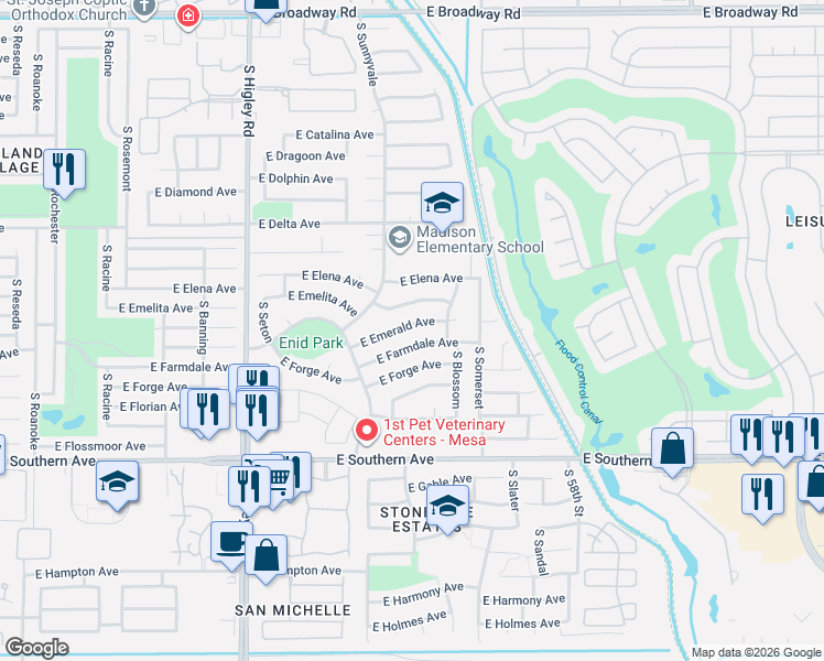 map of restaurants, bars, coffee shops, grocery stores, and more near 5463 East Farmdale Avenue in Mesa