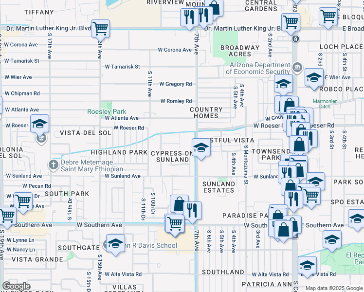 map of restaurants, bars, coffee shops, grocery stores, and more near 5313 South 8th Drive in Phoenix