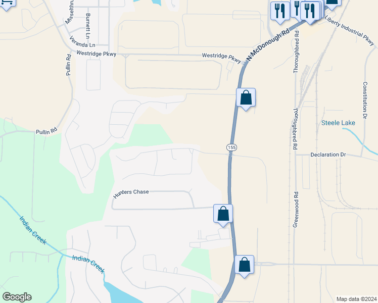 map of restaurants, bars, coffee shops, grocery stores, and more near 201 Pebble Creek Drive in McDonough