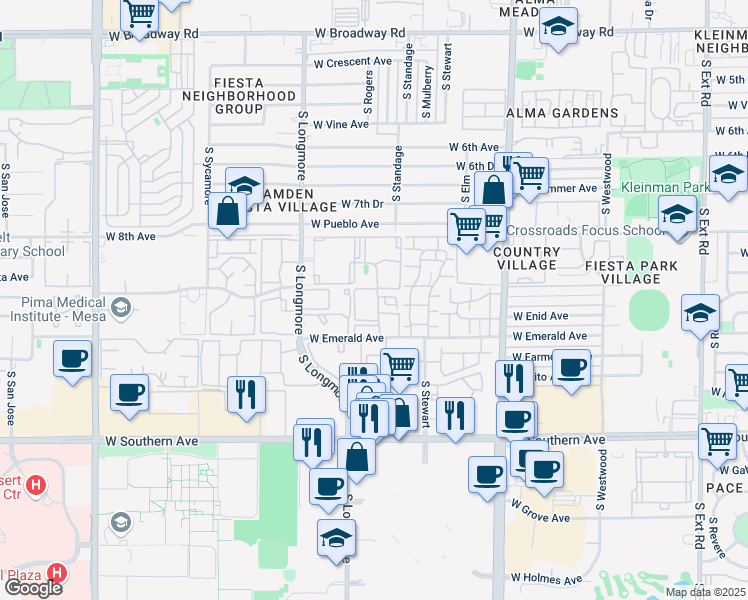 map of restaurants, bars, coffee shops, grocery stores, and more near 1432 West Emerald Avenue in Mesa
