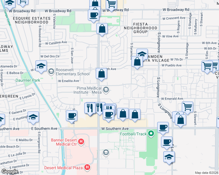 map of restaurants, bars, coffee shops, grocery stores, and more near 901 South Dobson Road in Mesa