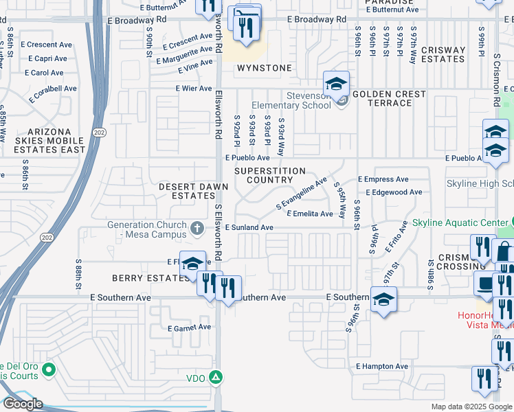 map of restaurants, bars, coffee shops, grocery stores, and more near 9303 East Edgewood Avenue in Mesa