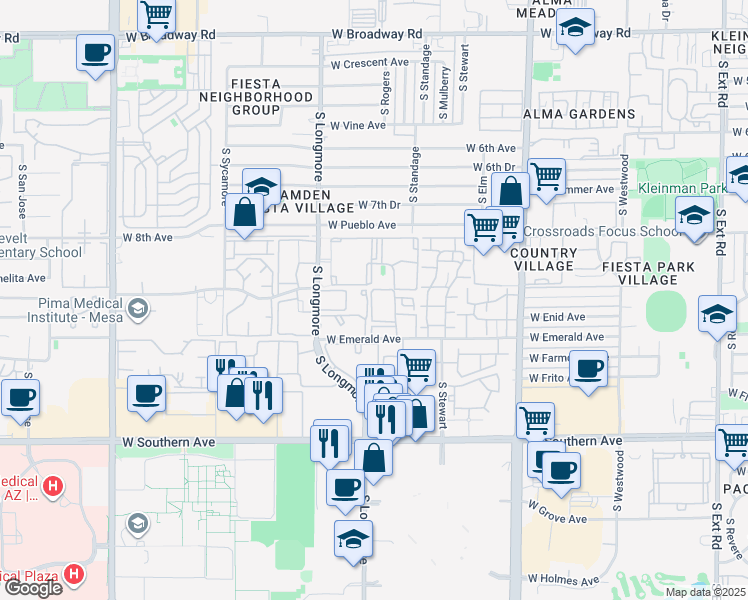 map of restaurants, bars, coffee shops, grocery stores, and more near 1432 West Emerald Avenue in Mesa