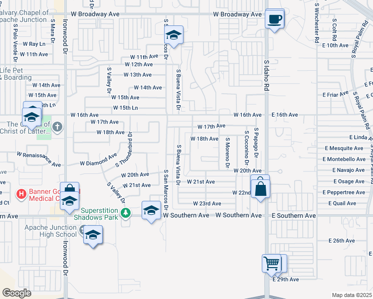map of restaurants, bars, coffee shops, grocery stores, and more near 1923 South Buena Vista Drive in Apache Junction