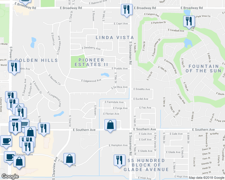 map of restaurants, bars, coffee shops, grocery stores, and more near 1051 South 74th Place in Mesa