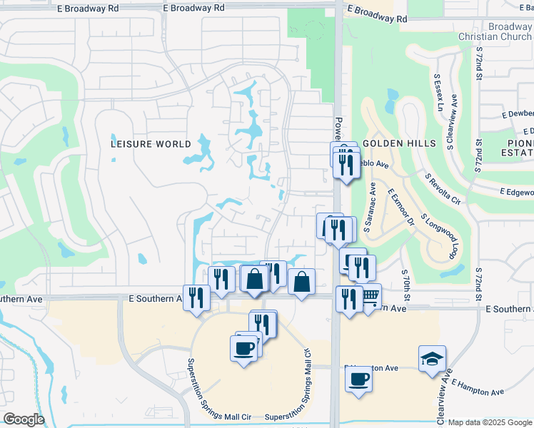 map of restaurants, bars, coffee shops, grocery stores, and more near 242 Leisure World in Mesa