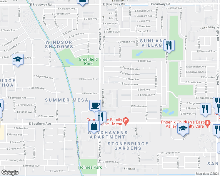 map of restaurants, bars, coffee shops, grocery stores, and more near South Greenfield Glen in Mesa