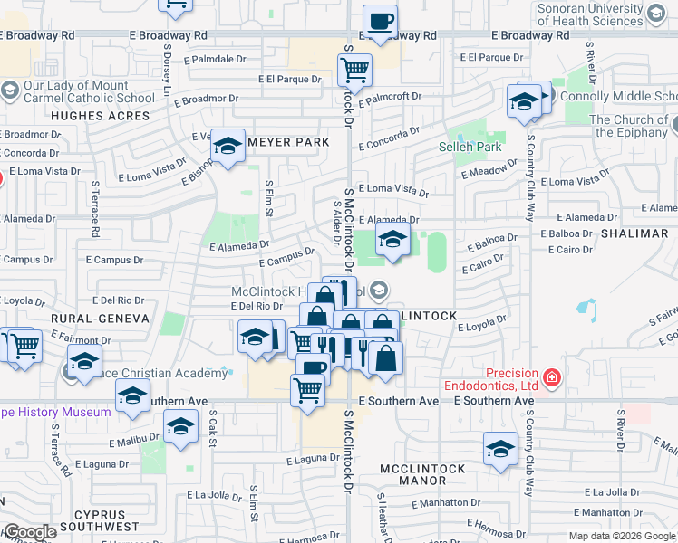 map of restaurants, bars, coffee shops, grocery stores, and more near 1830 East Del Rio Drive in Tempe