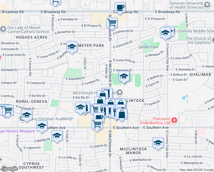 map of restaurants, bars, coffee shops, grocery stores, and more near 1830 East Del Rio Drive in Tempe