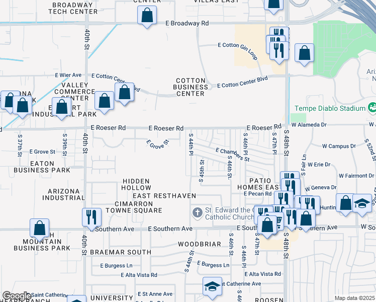 map of restaurants, bars, coffee shops, grocery stores, and more near 5414 South 44th Place in Phoenix
