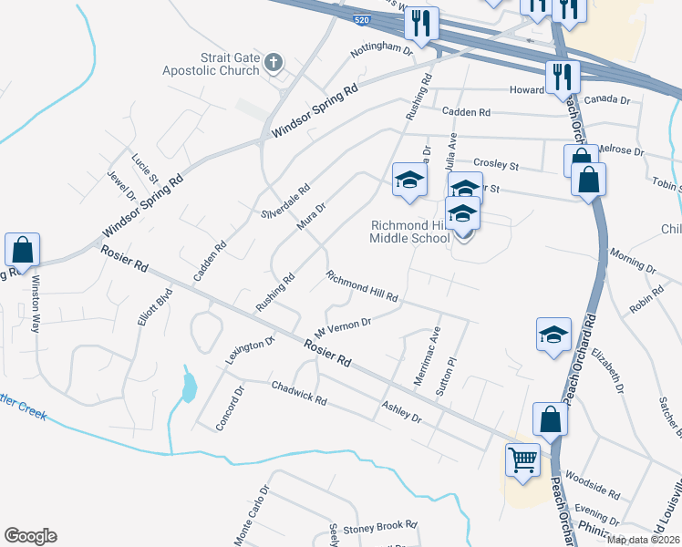 map of restaurants, bars, coffee shops, grocery stores, and more near 3525 Richmond Hill Road in Augusta