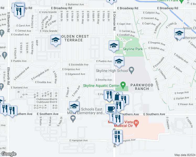map of restaurants, bars, coffee shops, grocery stores, and more near 9838 East Emelita Avenue in Mesa
