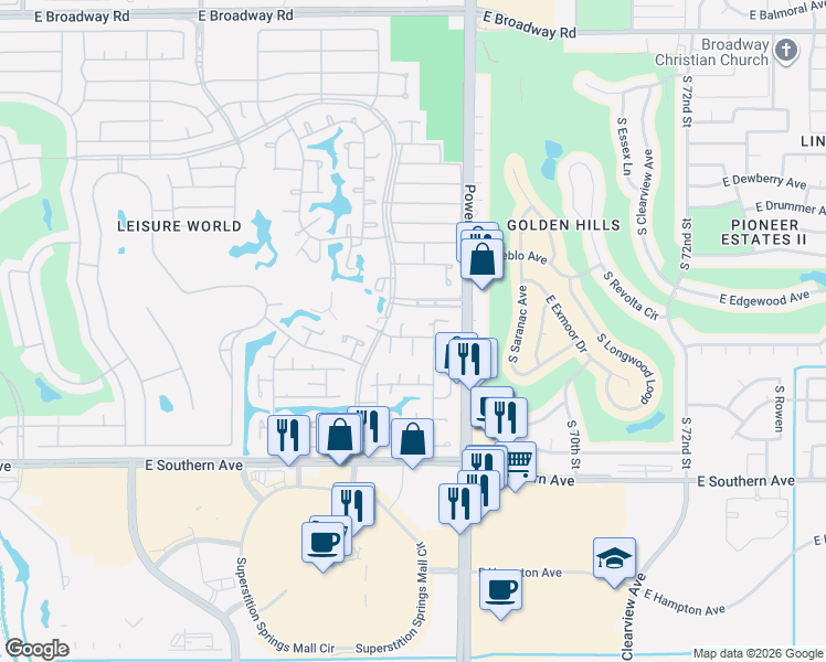 map of restaurants, bars, coffee shops, grocery stores, and more near 99 Leisure World in Mesa