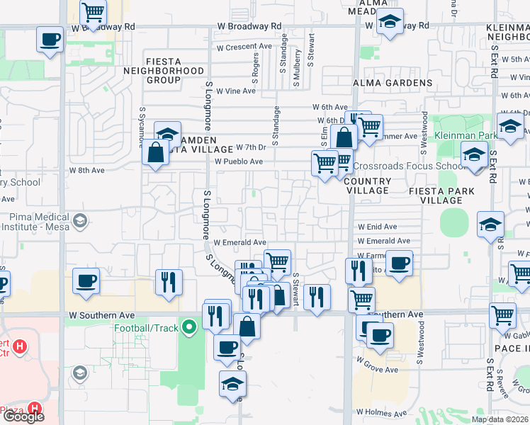 map of restaurants, bars, coffee shops, grocery stores, and more near 1432 West Emerald Avenue in Mesa