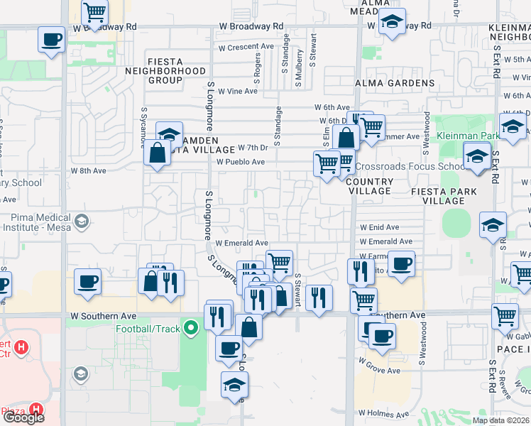 map of restaurants, bars, coffee shops, grocery stores, and more near 1432 West Emerald Avenue in Mesa