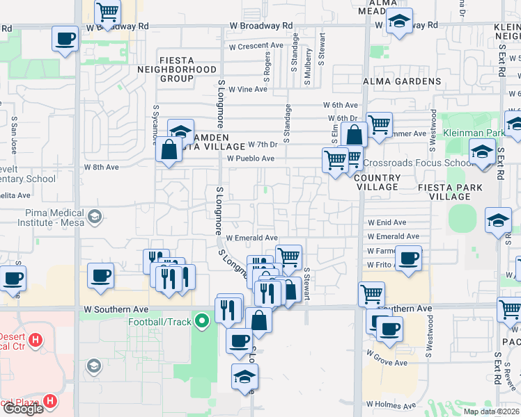 map of restaurants, bars, coffee shops, grocery stores, and more near 949 South Longmore in Mesa