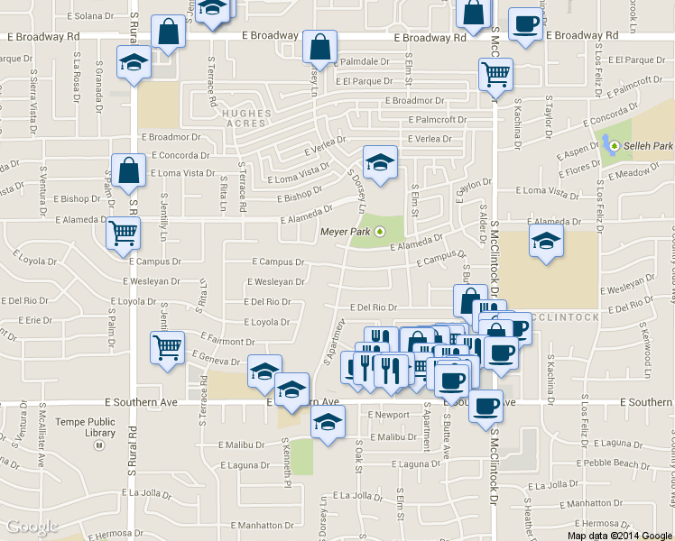 map of restaurants, bars, coffee shops, grocery stores, and more near 1303 East Wesleyan Drive in Tempe