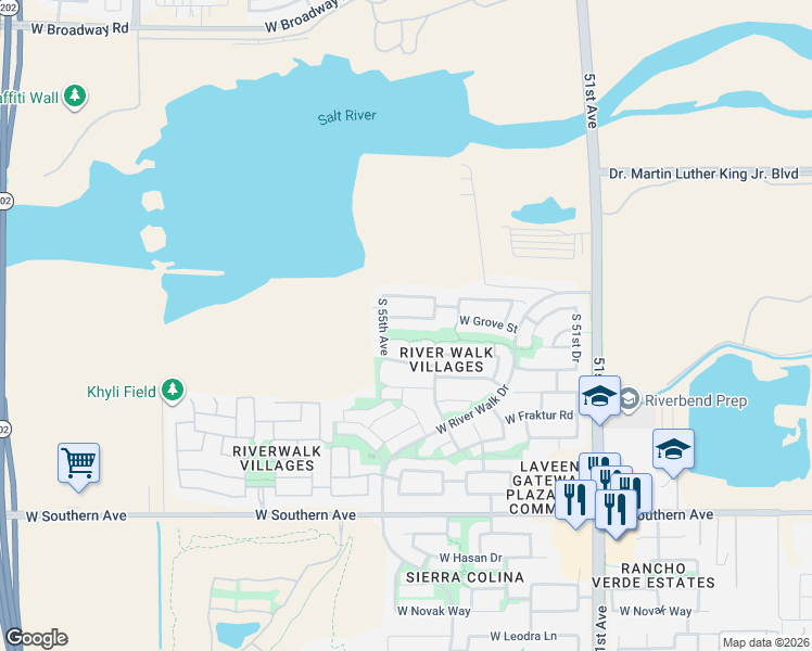 map of restaurants, bars, coffee shops, grocery stores, and more near 5402 South 54th Lane in Phoenix