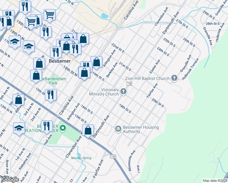 map of restaurants, bars, coffee shops, grocery stores, and more near 1731 Clarendon Avenue in Bessemer