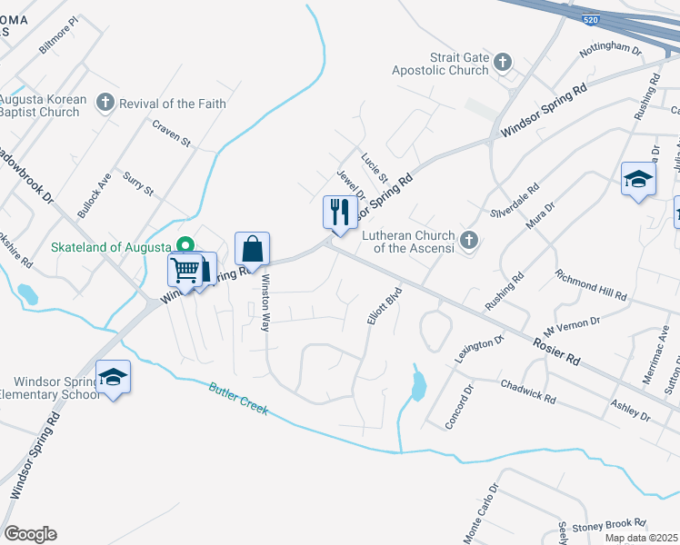 map of restaurants, bars, coffee shops, grocery stores, and more near 3015 Erik Court in Augusta