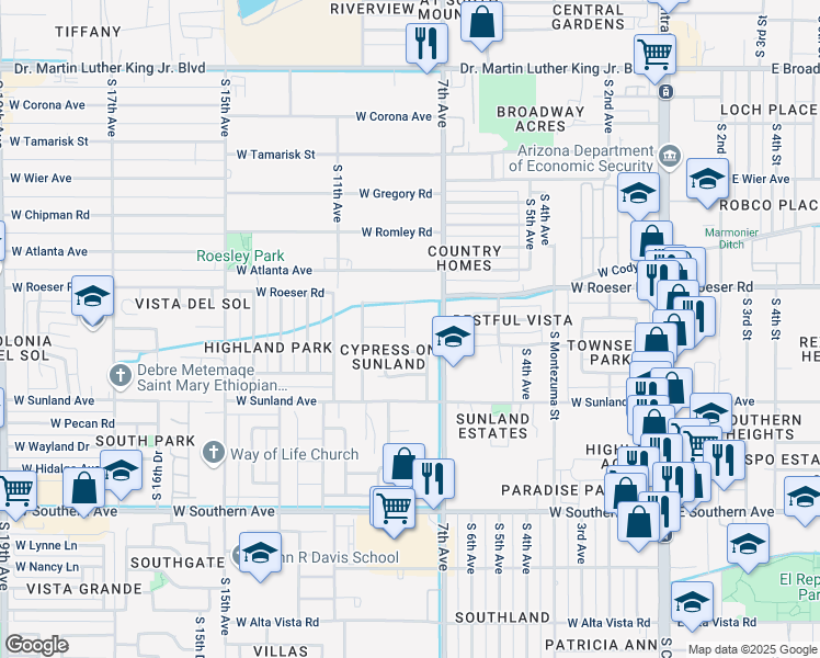 map of restaurants, bars, coffee shops, grocery stores, and more near 5309 South 8th Drive in Phoenix