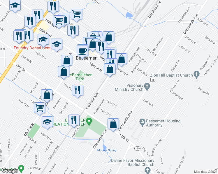 map of restaurants, bars, coffee shops, grocery stores, and more near 1700 Arlington Ave in Bessemer