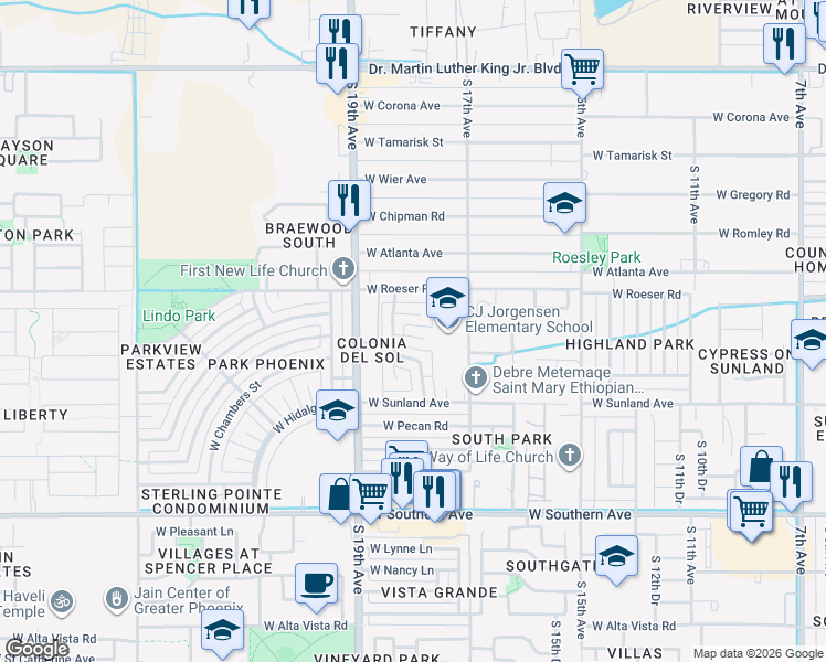 map of restaurants, bars, coffee shops, grocery stores, and more near 1734 West Bowker Street in Phoenix