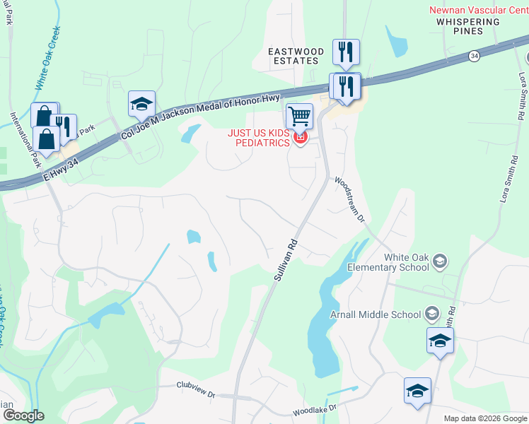 map of restaurants, bars, coffee shops, grocery stores, and more near 52 Springfield Court in Newnan