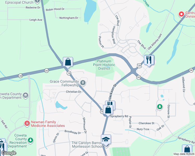 map of restaurants, bars, coffee shops, grocery stores, and more near 18 Parrott Street in Newnan