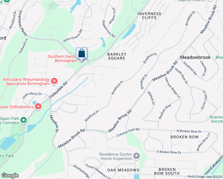 map of restaurants, bars, coffee shops, grocery stores, and more near 3140 Bradford Place in Birmingham