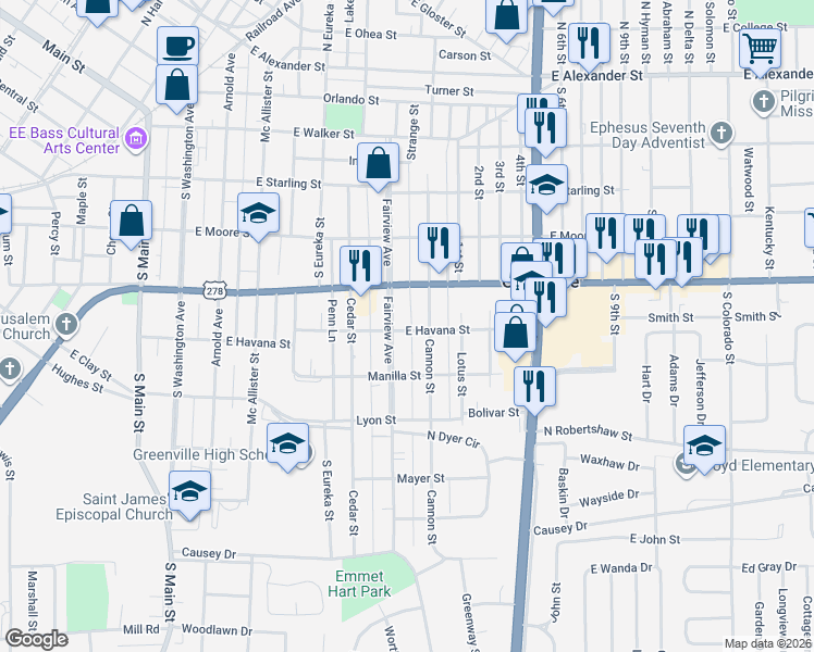 map of restaurants, bars, coffee shops, grocery stores, and more near 719 Cannon Street in Greenville