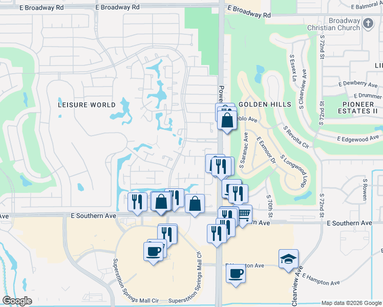 map of restaurants, bars, coffee shops, grocery stores, and more near 99 Leisure World in Mesa