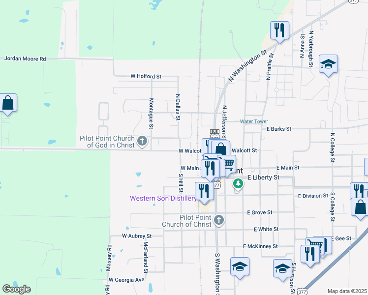 map of restaurants, bars, coffee shops, grocery stores, and more near 116 North Hill Street in Pilot Point