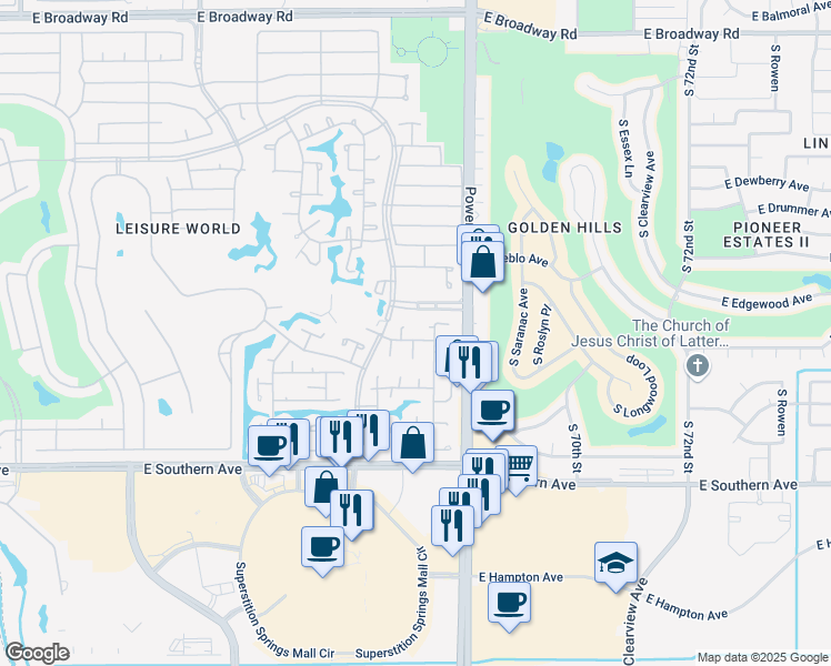map of restaurants, bars, coffee shops, grocery stores, and more near 99 Leisure World in Mesa