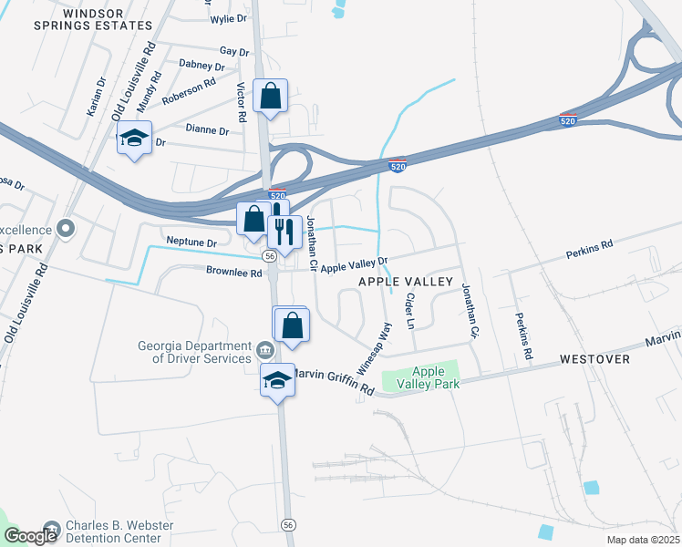 map of restaurants, bars, coffee shops, grocery stores, and more near 1714 Apple Valley Drive in Augusta