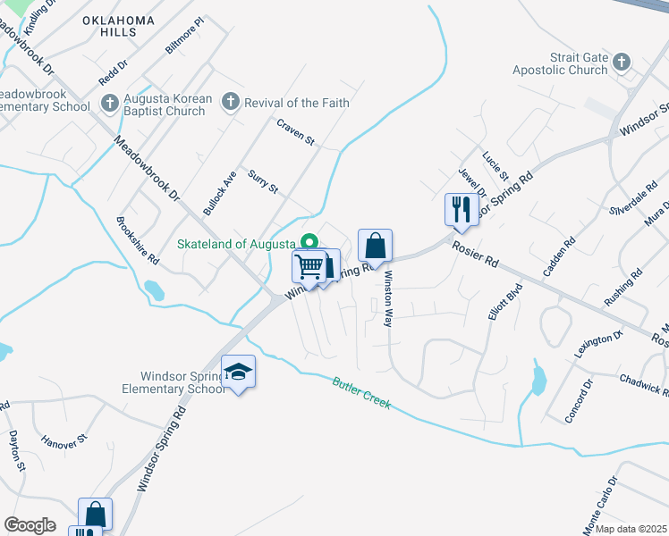 map of restaurants, bars, coffee shops, grocery stores, and more near 2443 Windsor Spring Road in Augusta