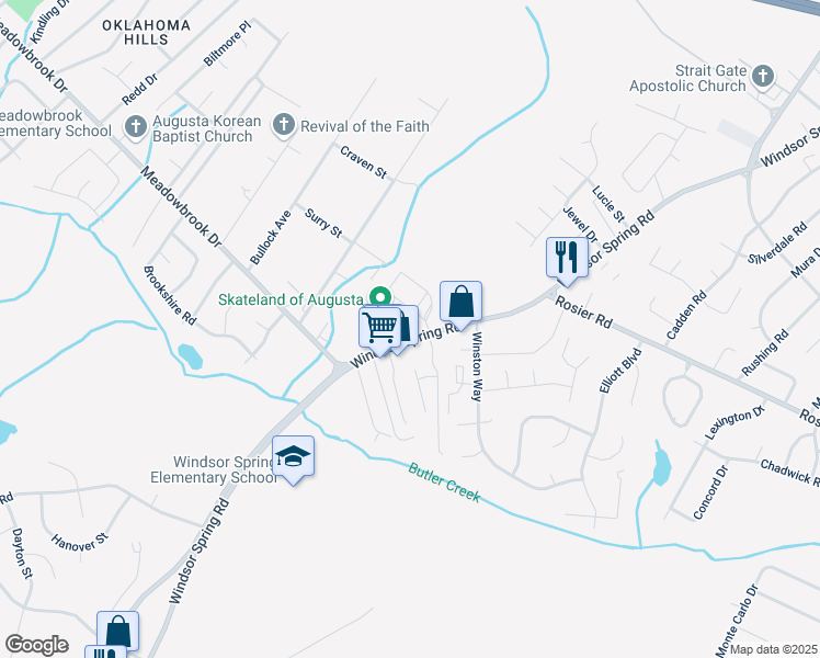 map of restaurants, bars, coffee shops, grocery stores, and more near 2443 Windsor Spring Road in Augusta
