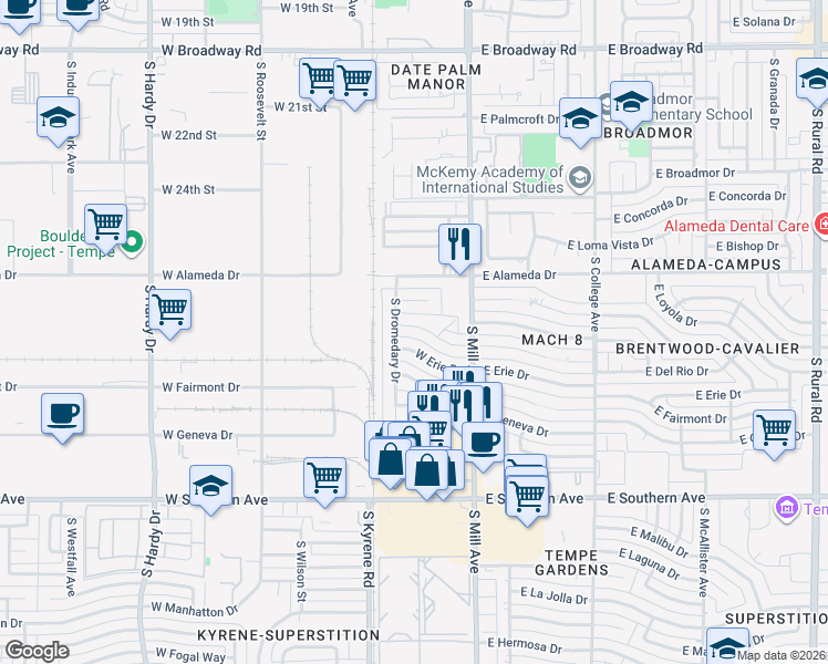 map of restaurants, bars, coffee shops, grocery stores, and more near 121 West Balboa Drive in Tempe