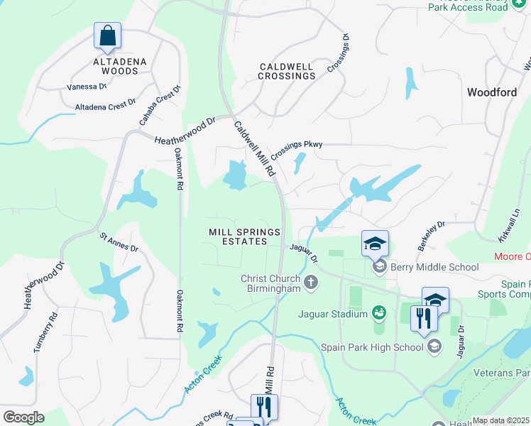 map of restaurants, bars, coffee shops, grocery stores, and more near 5080 Caldwell Mill Road in Birmingham