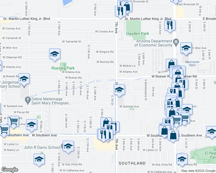 map of restaurants, bars, coffee shops, grocery stores, and more near 5305 South 8th Drive in Phoenix