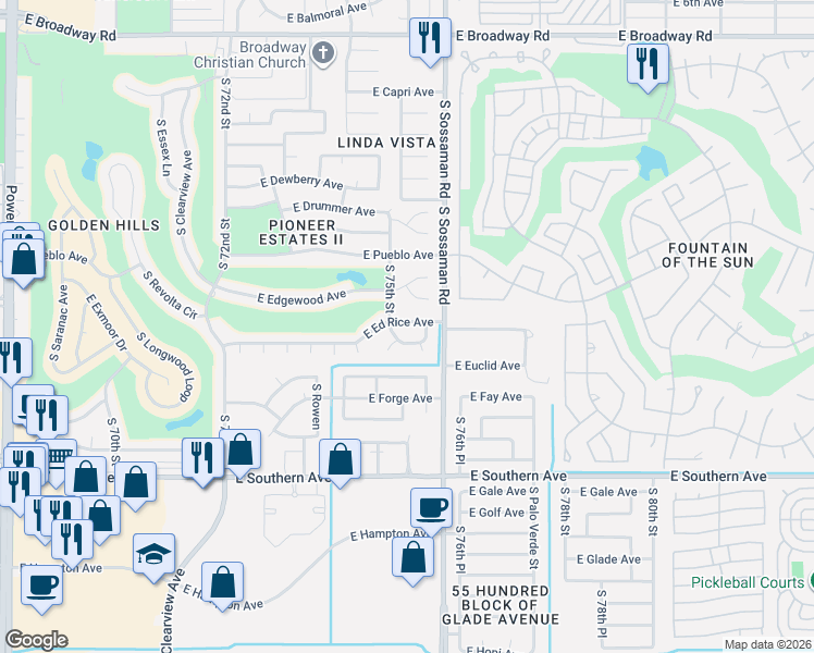 map of restaurants, bars, coffee shops, grocery stores, and more near 7527 South 75th Place in Mesa