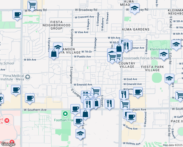 map of restaurants, bars, coffee shops, grocery stores, and more near 1480 West Emelita Avenue in Mesa