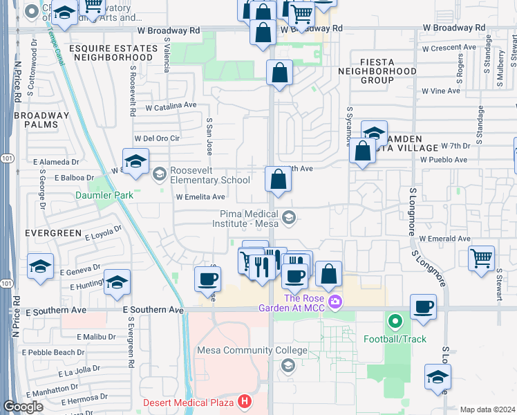 map of restaurants, bars, coffee shops, grocery stores, and more near 830 South Dobson Road in Mesa