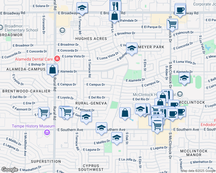 map of restaurants, bars, coffee shops, grocery stores, and more near 1251 East Balboa Drive in Tempe