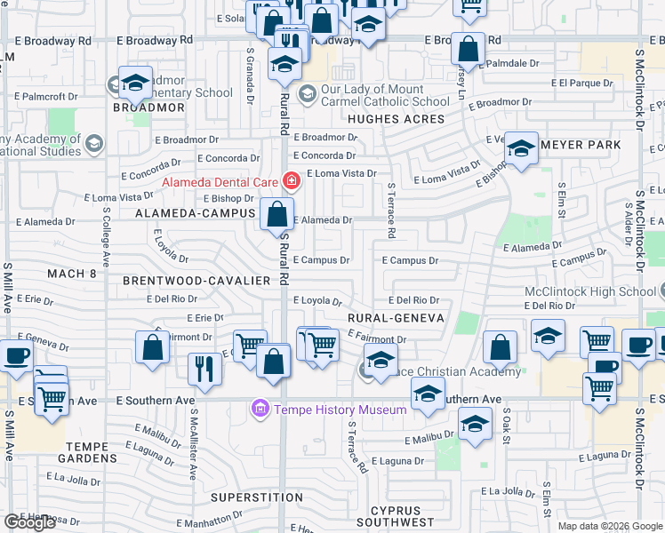 map of restaurants, bars, coffee shops, grocery stores, and more near 1021 East Balboa Circle in Tempe