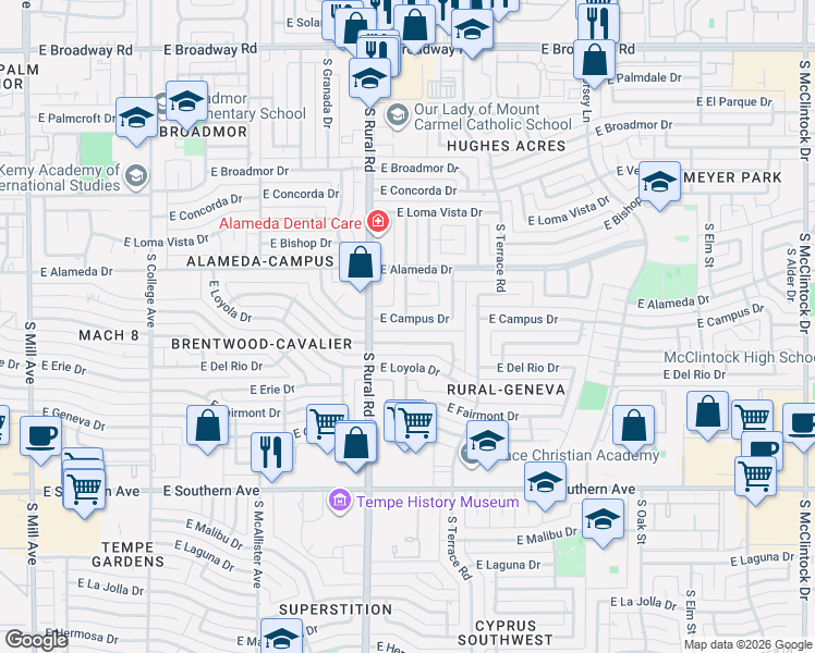 map of restaurants, bars, coffee shops, grocery stores, and more near 2725 South Rural Road in Tempe