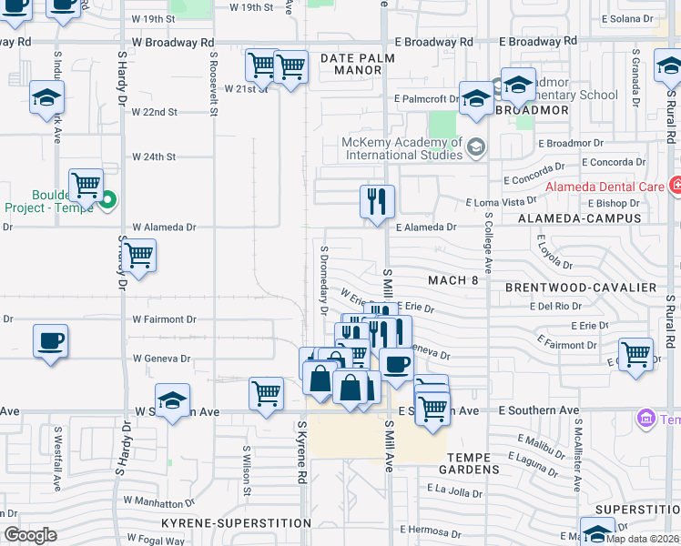 map of restaurants, bars, coffee shops, grocery stores, and more near 121 West Balboa Drive in Tempe