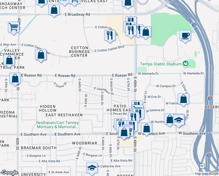 map of restaurants, bars, coffee shops, grocery stores, and more near 4631 East Roeser Road in Phoenix
