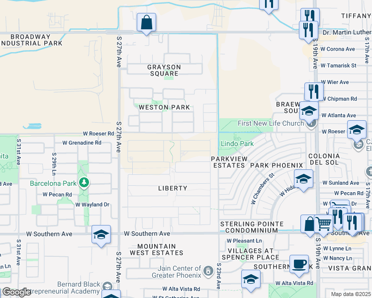 map of restaurants, bars, coffee shops, grocery stores, and more near 2398 West Roeser Road in Phoenix