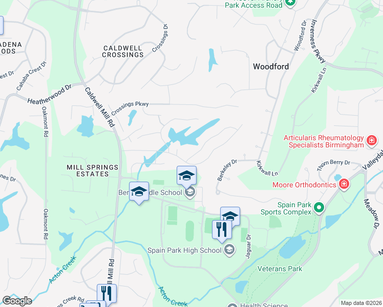 map of restaurants, bars, coffee shops, grocery stores, and more near 2428 O'Neal Way in Birmingham